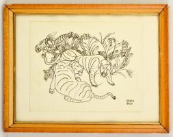 Kádár jelzéssel: Tigrisek. Tus, papír, üvegezett keretben, 24×30 cm