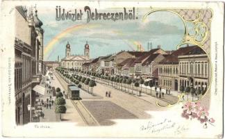 1899 Debrecen, Fő utca, városi kisvasút. Szabó István kiadása. Art Nouveau, floral, litho (r)