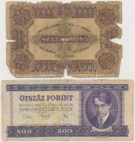 5db-os vegyes magyar korona és forint bankjegy tétel, rossz tartásban T:III-,IV