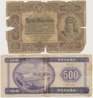 5db-os vegyes magyar korona és forint bankjegy tétel, rossz tartásban T:III-,IV