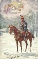Boldog karácsonyi ünnepeket / Austro-Hungarian hussar, Christmas greeting military art postcard, B.K.W.I. 3159-3. s: Kränzle (EK)