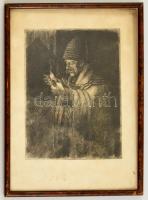 Jelzés nélkül: Öregapó a pipával. Rézkarc, papír, üvegezett keretben, 23×18 cm