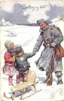 Boldog Újévet! / WWI K.u.K. New Year greeting card with soldier and children in the snow, sled, B.K.W.I. 3162-2. s: K. Feiertag (fa)