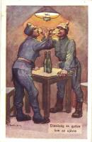 Dicsőség és győzelem az újévre / WWI K.u.K. New Year greeting card with drinking soldiers, Kunstanstalt Dom. Habernal & Co. Nr. 106, artist signed