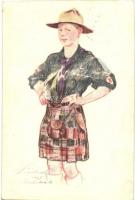Skót cserkész. Kiadja a Magyar Cserkészszövetség / Boy scout from Scotland, art postcard s: Márton L. + 1933 Gödöllő IV. Jamboree So. Stpl. (EK)