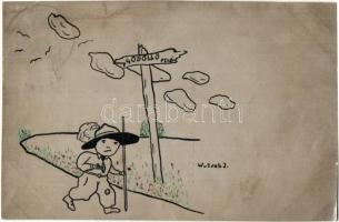 Jamboree üdvözlettel. Kézzel rajzolt cserkész művészlap / Hungarian hand-drawn boy scout art postcard s: Wutsch J. + 1933 Gödöllő IV. Jamboree So. Stpl.