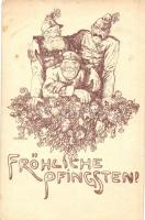 Fröhliche Pfingsten! / Pentecost greeting card, Austro-Hungarian soldiers with flowers, s: Kober Leo + M. Kir. 37. honv. gy. ho. kiképző csoport