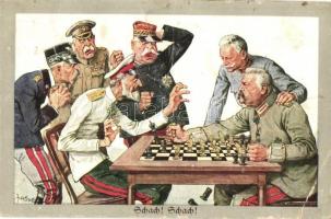 Schach! Schach! / Hindenburg and Conrad von Hötzendorf, WWI German propaganda. M. Munk Wien Nr. 1036 s: Theodor Zasche (EB)