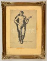 Aba jelzéssel: Női akt. Tus, papír, apró szakadással, sérült keretben, 24×18 cm