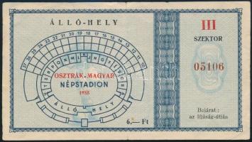 1955 Belépőjegy az osztrák-magyar meccsre a Népstadionba, szakadással, hátoldalán reklámmal