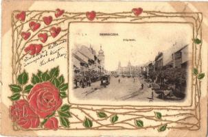 1900 Debrecen, Főpiac, városi vasút. Dombornyomott szecessziós keret / Emb. Art Nouveau, floral