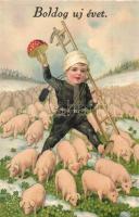Boldog uj évet / New Year greeting postcard, chimney sweeper, pigs, clovers, litho