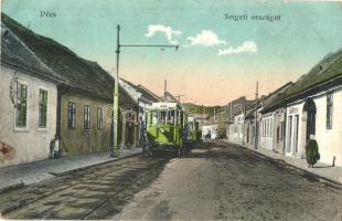 1916 Pécs, Szigeti országút, villamos, Schnitzer üzlete. Kiadja Karpf Berta (EK)