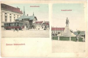 Békéscsaba, Motorállomás a motorral, városi vasút, Kossuth szobor (EK)