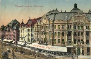 Temesvár, Timisoara; Belváros, Lloyd-sor és kávéház, útépítés, Reisz Alfréd üzlete / cafe, street construction, shop