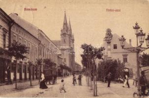 1907 Komárom, Komárno; Nádor utca, üzletek, Szentháromság szobor. Kiadja Girch József / street view, shops, Trinity statue (fa)