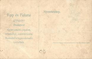 Fiume, Rijeka; Villamos félportál daruk a kikötőben. Epp és Fekete gépgyár reklámja a hátoldalon / E...