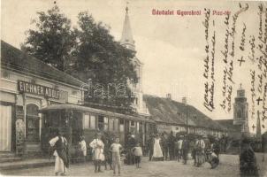 Gyorok, Ghioroc; Piac tér, Butár Ágoston üzlete, villamos, Eichner Adolf üzlete és saját kiadása / square, shops, tram