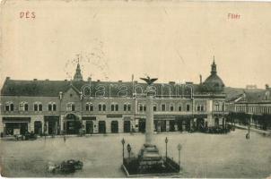 1908 Dés, Dej; Fő tér, Kanyó Antal, Herskovits, Rehák Ágoston üzlete, gyógyszertár. W. L. 383. / main square, shops, pharmacy (megerősített sarok / restored corner)