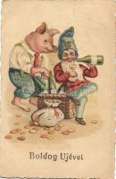 1929 Boldog Újévet! / New Year greeting art postcard with pig and dwarf drinking champagne. litho