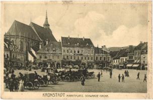 Brassó, Kronstadt, Brasov; Marktplatz, Schwarze Kirche / Piac tér, vásár, piaci árusok, J. L. & A. Hesshaimer üzlete, Fekete templom (evangélikus templom). Kiadja H. Zeidner / market square, market vendors, Lutheran church, shops (fl)