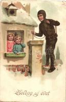 Boldog Újévet! / New Year greeting art postcard with chimney sweeper. EAS 958. litho (EK)
