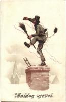 Boldog Újévet! / New Year greeting art postcard with chimney sweeper. litho (EB)