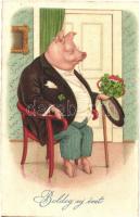 Boldog Újévet! / New Year greeting art postcard with gentleman pig. Amag No. 2435. litho