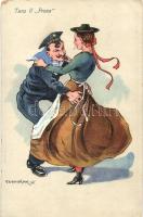 Tanz II Prosa / K.u.K. Kriegsmarine humorous art postcard with dancing mariner. C.Fano 1914/15. 34. s: Ed. Dworak + K.U.K. SEEBEZIRKSKOMMANDO SEBENICO (EK)