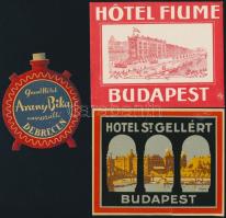 3 db régi bőröndcímke (Arany Bika Debrecen, Hotel Fiume Budapest, Hotel St. Gellért)
