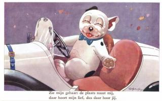 Zie mijn gebaar: de plaats naast mij... / Bonzo dog in automobile. Valentine & Sons Ltd. Bonzo Postcard 4120. s: G. E. Studdy