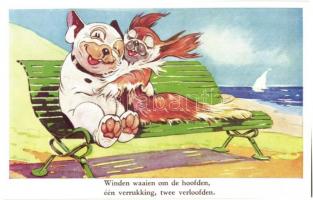 Winden waaien om de hoofden... / Bonzo dog with his love. Valentine & Sons Ltd. Bonzo Postcard 5140. s: G. E. Studdy