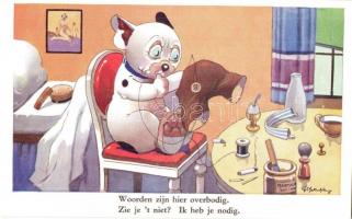 Woorden zijn hier overbodig / Bonzo dog sewing his pants. Valentine & Sons Ltd. Bonzo Postcard 3726. s: G. E. Studdy