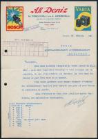 1940 Istanbul, AK Deniz török fejléces számla, Bosch és Varta reklámmal
