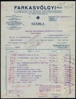 1928 Bp., Farkasvölgyi-féle Villamossági és Műszaki részvénytársaság fejléces számlája okmánybélyegekkel