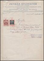 1928 Bp. VIII., Petrán Sylvester speciális sapka- és kalapgyára fejléces számlája, okmánybélyegekkel