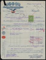 1930 Bp., Magyar Petroleum-Ipar Részvénytársaság díszes fejléces számlája okmánybélyegekkel, kis hiánnyal