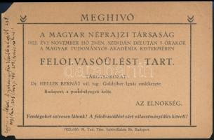 1922 Meghívó a Magyar Néprajzi társaság felolvasóülésére rajta Heller Bernát saját kezű írásával