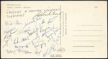 cca 1970 A magyar landarúgó válogatott tagjai által aláírt  képeslap Mészőly, Szepesi, Österreicher és sokan mások. / Autograph signed postcard of the HUngarian football team