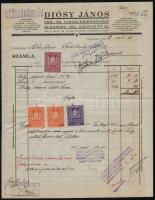 1928 Bp., Diósy János Fém- ás Vasárukereskedése fejléces számlája okmánybélyegekkel