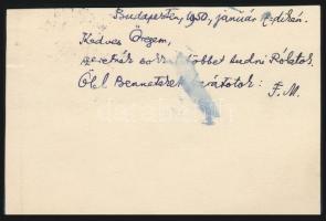 1950 Füst Milán (1888-1967) író, költő saját kezű sorai megcímzett kártyán