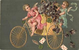 1909 Greeting art postcard with angels on tricycle. Emb. litho
