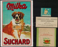 5 db csokoládépapír és csokoládéreklám (Milka, Jácint, Barack, stb.)