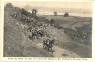 Weltkrieg 1914/15. Oesterr. ung. Landwehr-Ulanen an der Weichsel in Russisch-Polen / WWI Austro-Hungarian K.u.K. military uhlan cavalrymen in Russian Poland by the Vistula river