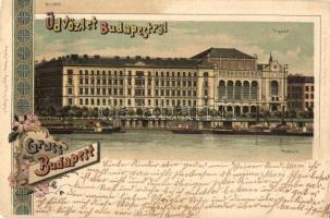 1901 Budapest V. Vigadó a Dunáról nézve, uszályok. Regel & Krug litho (Rb)