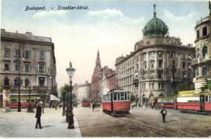 1927 Budapest VIII. Erzsébet körút (Blaha Lujza tér), villamosok (Boráros-tér végállomással), fogorvos, újságárus,