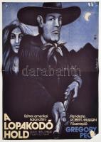 1974 Bakos István (1941-): A lopakodó Hold, amerikai film plakát, főszereplő: Gregory Peck, sarokhiánnyal, 56x39 cm