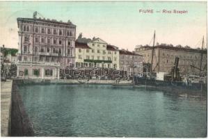 1912 Fiume, Rijeka; Riva Szapári / port view with ships, industrial railway, dentist, shop of Adolf Blum and Popper