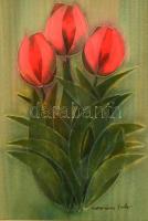 Macskássy Izolda (1945-): Tulipánok. Kollázs, selyem kartonon, jelzett, keretben, 26×18 cm.