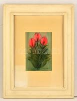 Macskássy Izolda (1945-): Tulipánok. Kollázs, selyem kartonon, jelzett, keretben, 26×18 cm